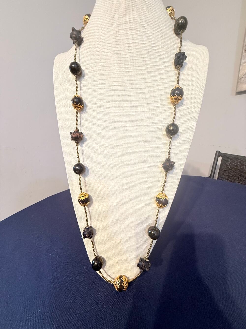 Vintage 40” Black Beaded Statement Necklace Gold Tone Accents